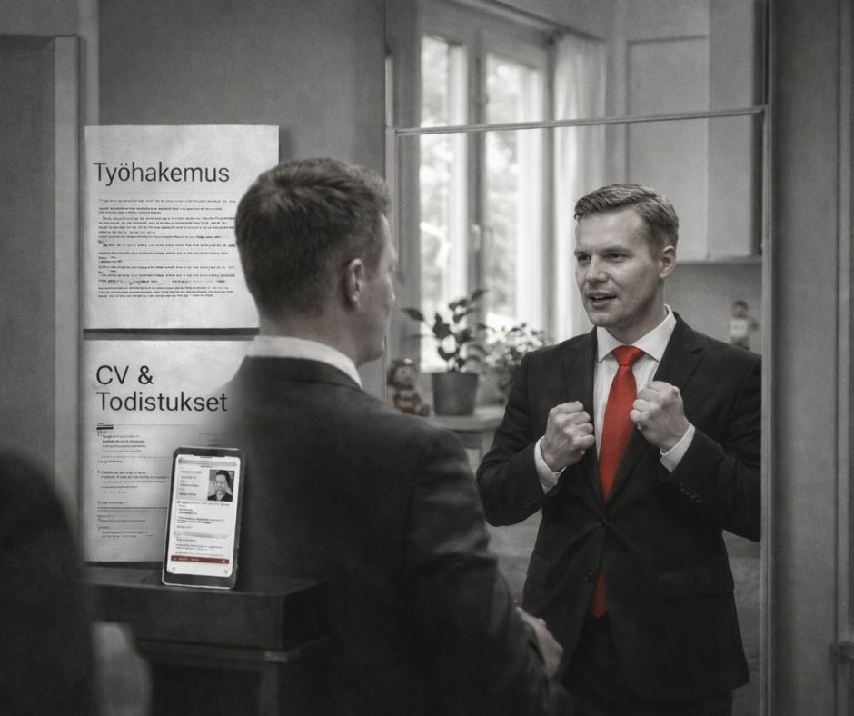 Pulkkinen valmistautuu työhaastatteluun. Straterginen valmistautuminen.