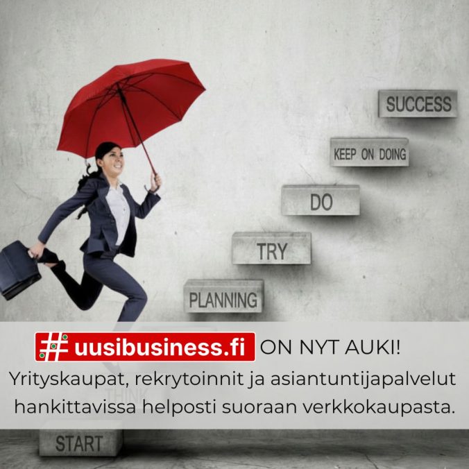 Uusibusiness.fi verkkokaupan lanseerauskuva, jossa nainen nousee menestyksen portaita pitkin punaisen sateenvarjon ja salkun kanssa betoniseinää vasten. Alalaidassa punainen uusibusiness.fi-logo ja teksti yrityskaupoista, rekrytoinneista ja asiantuntijapalveluista.